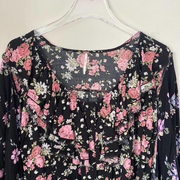 Free People Loretta Floral Print Tunic Shirt Women Size Small Ruffle Black Pink - Picture 7 of 9